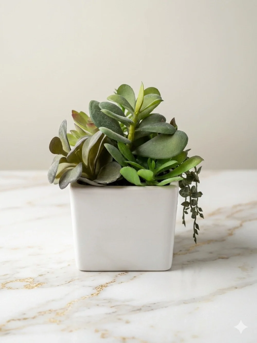 Faux Succulent Arrangement in White Ceramic Pot (Excellent Condition)